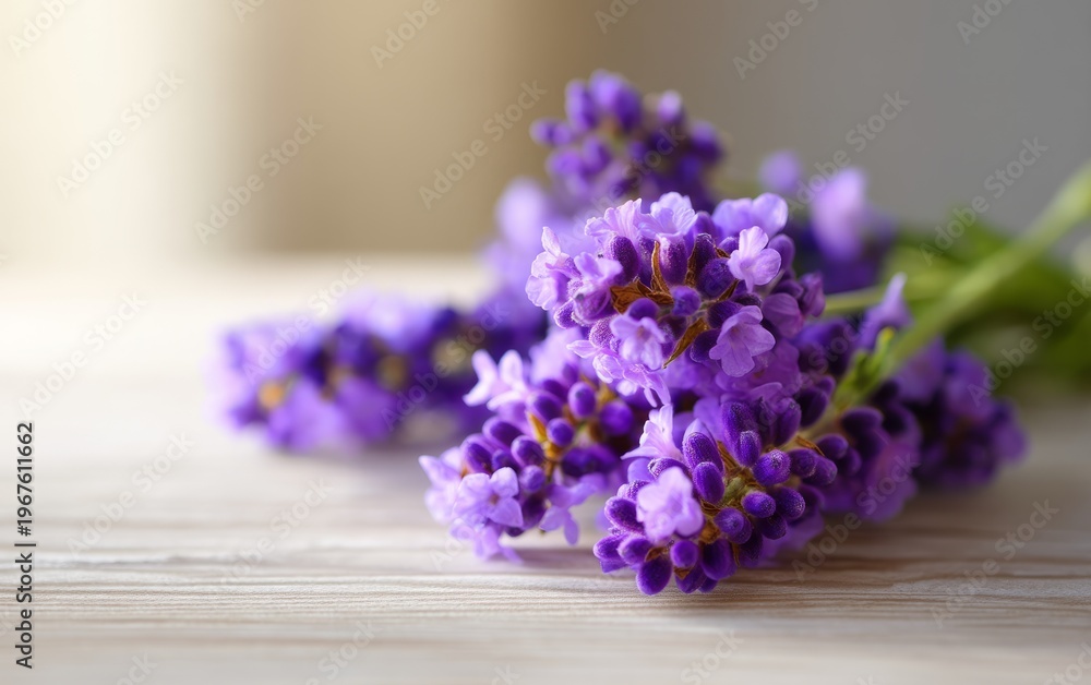 Fototapeta premium Close-Up of Lavender Flower Cluster on Wooden Surface