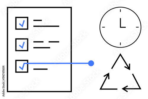 Project management, time management, task optimization, goal setting, sustainability, recycling loop. A checklist, clock and recycling triangle. Project management and time management concept