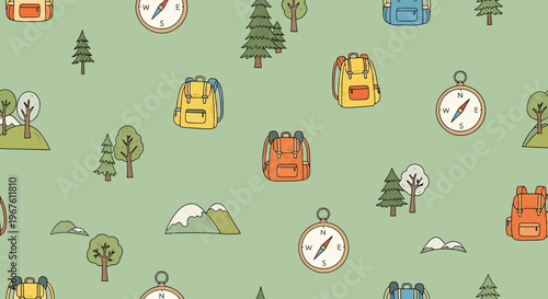 Cute Backpacks and Compasses Seamless Pattern, Hiking Adventure Theme, Green Background