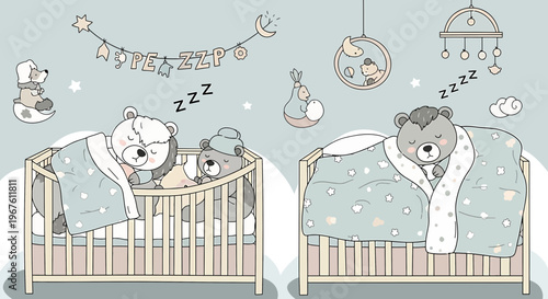 Cute Baby Bears Sleeping Peacefully in Cribs, Nursery Decor, Sweet Dreams