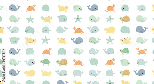 Cute Cartoon Sea Creatures Seamless Pattern: Whales, Turtles, Crabs, Fish