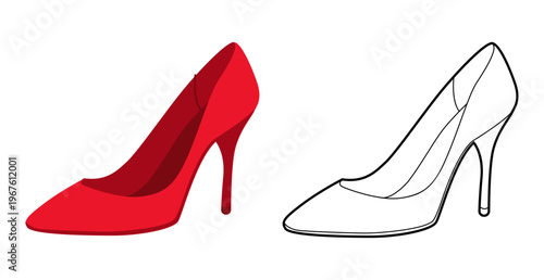 Stiletto women red high heel flat plus line set. Sexy fashion dress footwear for party wedding office. Technical illustration CAD mockup sketch vector men unisex isolated.