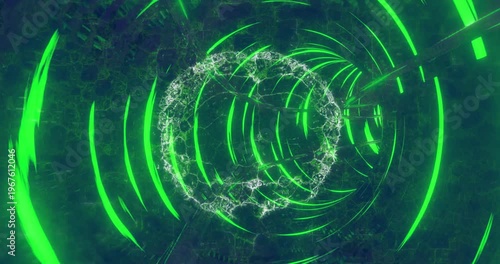 Animation of light tunnel over digital brain on black background