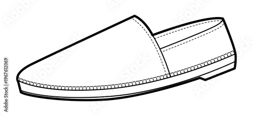 Espadrille flat shoe women single line. Stitch detail canvas footwear for holiday trip weekend look. Technical fashion illustration CAD mockup clean vector man unisex isolated modern style.