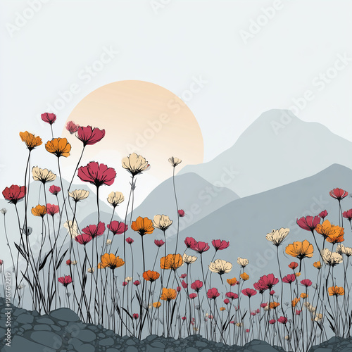 A wild mountain flowers with a sunset and mountains, perfect for nature-themed designs, greeting cards, or website backgrounds.