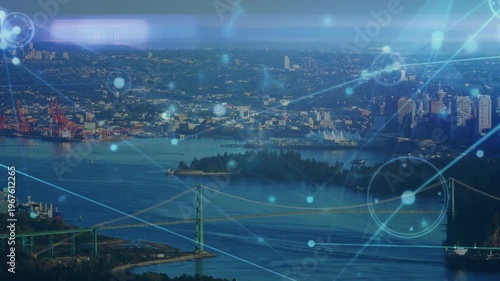 Animation of network of connections over aerial view of city traffic