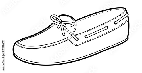 Boat loafer shoe women single line. Lace detail casual deck footwear for relaxed city walk holiday look. Technical fashion illustration CAD mockup clean vector man unisex isolated modern style.
