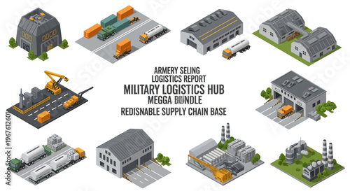 Isometric illustration of a military logistics hub with various buildings and vehicles, including a warehouse, fuel truck, and cargo zone, on a white background
