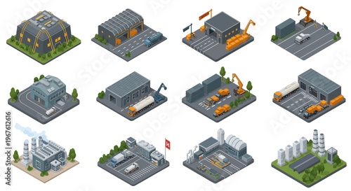 Isometric illustration of various military logistics hub buildings including army logistics base, supply depot, and military transport yard with containers, fuel trucks, and cargo zones
