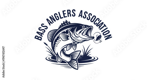 Bass Fishing Logo Emblem, Large Mouth Fish Jumping for Lure, Angling Club Emblem
