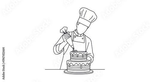 Baker Decorating Two Tier Cake with Piping Bag, Line Art Illustration