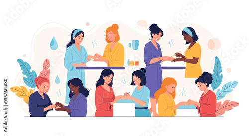 Diverse women enjoying spa manicures and hand care treatments in a relaxing salon setting.