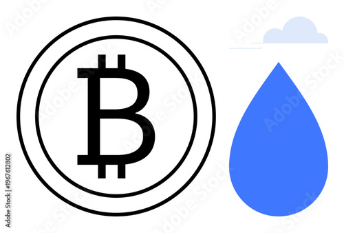 Cryptocurrency, blockchain technology, water conservation, sustainability, finance, digital assets. Bitcoin symbol next to a blue water drop and cloud icon. Cryptocurrency and water conservation