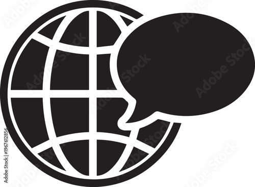 Global Communication Concept with Speech Bubble and World Globe Icon, International Chat, Language Translation, Social Media Messaging, Digital Conversation Symbol, Flat Vector Design