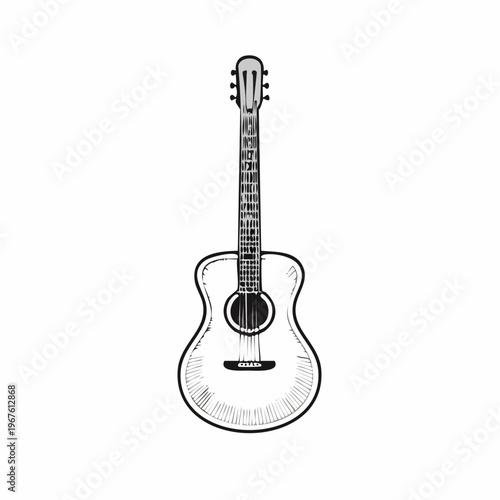 Illustration of acoustic guitar in black and white, musical instrument