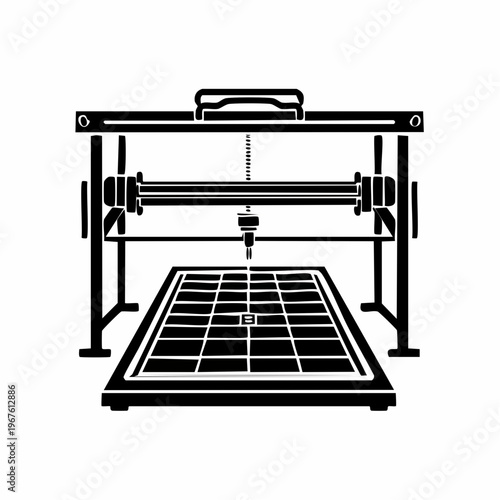 Silhouette illustration of a 3D printing machine with grid platform for prototyping and manufacturing