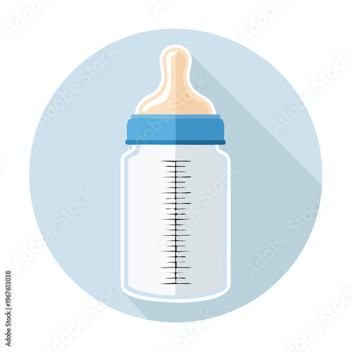 Baby bottle with nipple inside a blue circle