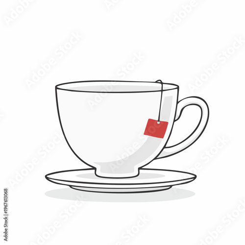 Minimalist illustration of a white teacup with a tea bag on a saucer.