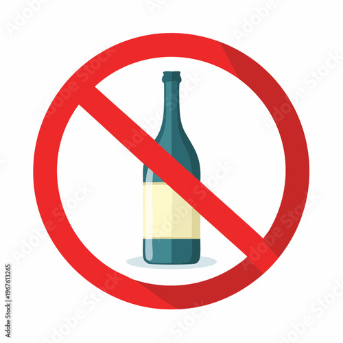 Prohibition sign with bottle of alcohol against a white background