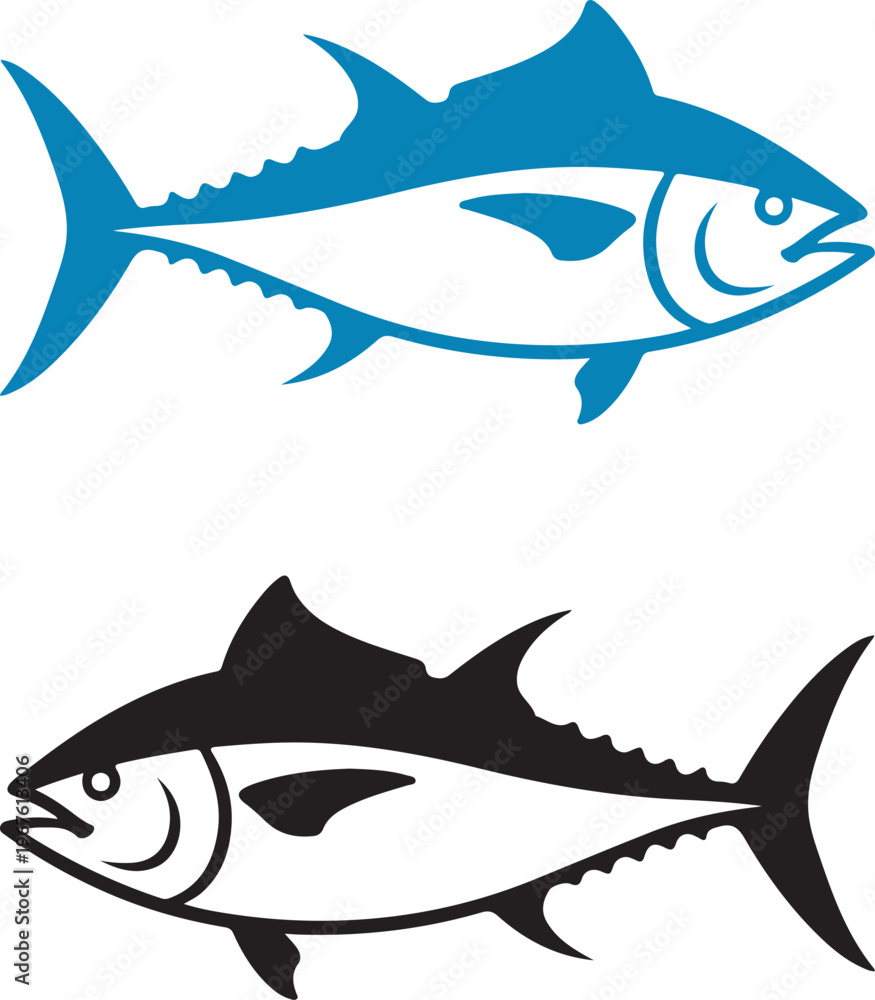 Obraz premium Blue and Black Tuna Fish Logo Flat Vector Symbol of Ocean and Fishing Industry, Fishing and Marine Design