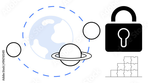 Security concept. Planetary orbit s global reach while the lock data protection. Security explored with global, digital, and puzzle-related . Great for technology, AI, governance visuals