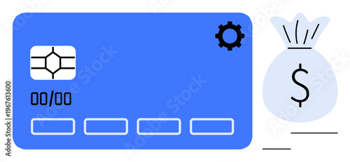 Digital payments, financial technology, online transactions, banking, economic savings, e-commerce. A blue credit card with a gear and a dollar bag icon. Digital payments and financial technology