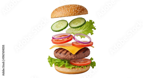 Floating ingredients of a delicious cheeseburger on a transparent background