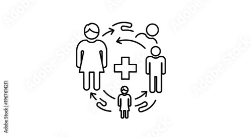 Family Health Care Concept: Medical Cross Surrounded by Diverse People Icons and Arrows