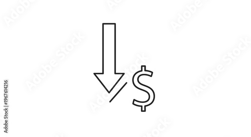 Falling Dollar Sign Icon: Symbolizing Financial Loss, Economic Downturn, or Budget Reduction