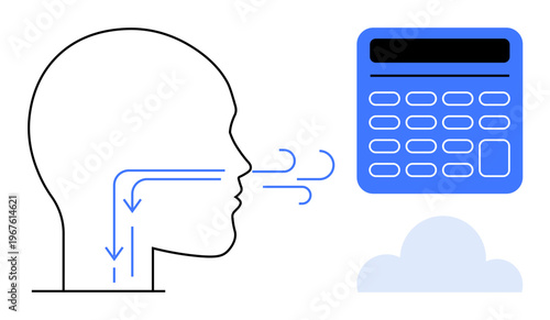 Healthcare, data analytics, breathing process, environment, respiratory health, technology integration. Diagram of human airflow next to a calculator and cloud. Healthcare and data analytics concept