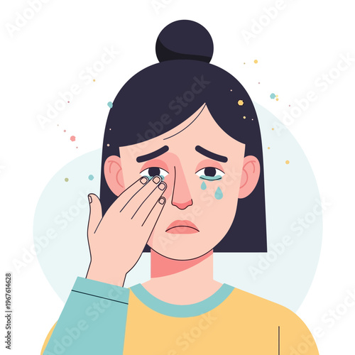 Sad woman crying and wiping tears from her eyes.