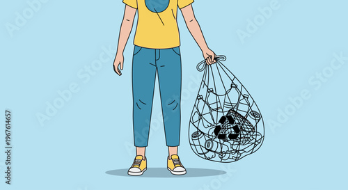 Illustration of a person holding a trash bag filled with recyclables in a simple, flat style with a light blue background and eco-friendly mood.