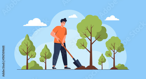 Illustration of a man planting a tree with a shovel surrounded by green trees and blue sky with clouds.
