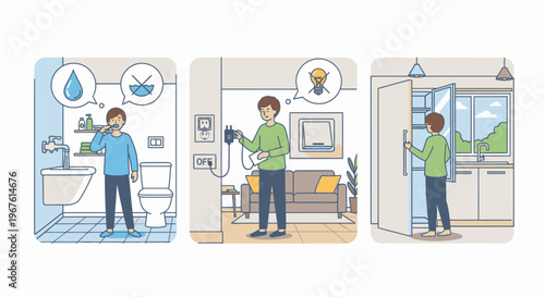 Illustration of a man performing various household tasks in different rooms with a minimalist style and a neutral color palette.