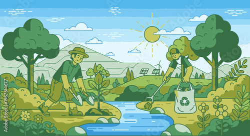 Illustration of two people picking up trash by a serene river with trees and a sunny sky in the background, conveying an eco-friendly and peaceful mood.