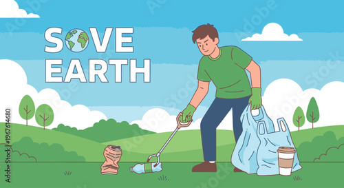 A man picking up trash with a grabber and a dog in a green field with a blue sky and white clouds conveying an eco-friendly mood.