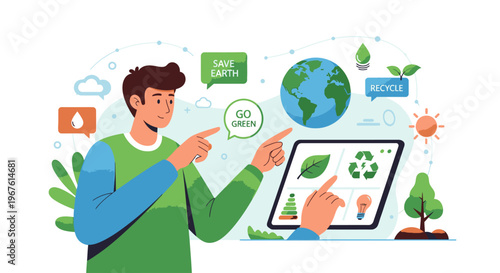 Illustration of a man pointing at a tablet with eco-friendly graphics and icons on a clean white background with a green theme.