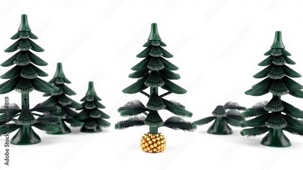 Obraz premium Green trees varying sizes stand against white background. One tree features golden pinecone base. Simple, clean design.