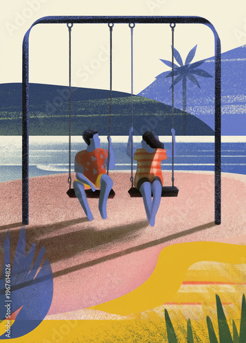 Childhood friends nostalgia: Boy and girl on beach swings at sunset. Summer vacation illustration of youth friendship and outdoor play by the ocean. Ideal for emotional and lifestyle storytelling.