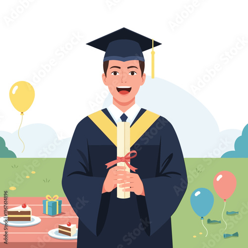 Happy Male Graduate Holding Diploma at Outdoor Celebration.