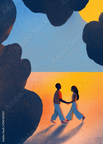 Romantic sunset walk and connection; silhouette of a couple holding hands in a glowing landscape, conceptual art for love and relationship themes.