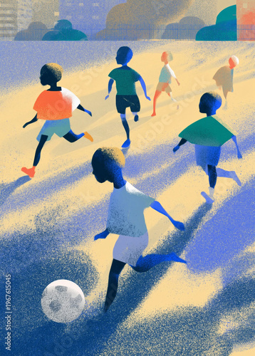 Energetic soccer match and team spirit; group of children running and playing football in a sunny park, ideal for sports and community ads.