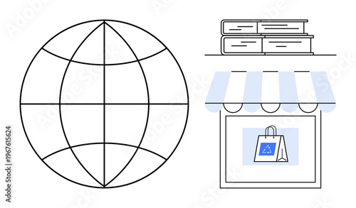 Global trade, e-commerce platforms, digital shopping, sustainability, recycling, eco-friendly consumerism. Globe, books and shopfront with a recycling bag icon. E-commerce and sustainability concept