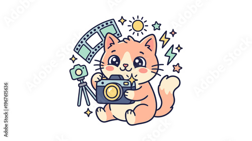 Cute Cat Photographer with Camera Movie Reel and Sparkles