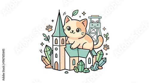Cute Cat Sitting on a Church Surrounded by Crystals