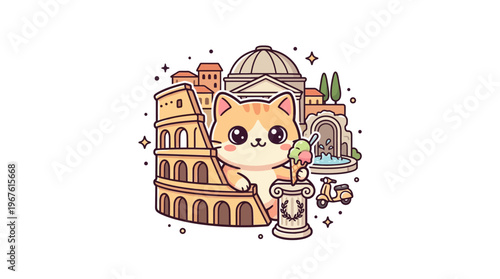 Cute Cat Enjoying Italian Vacation with Landmarks