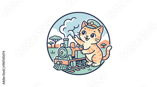 Cute Cat Train Conductor on the Railroad