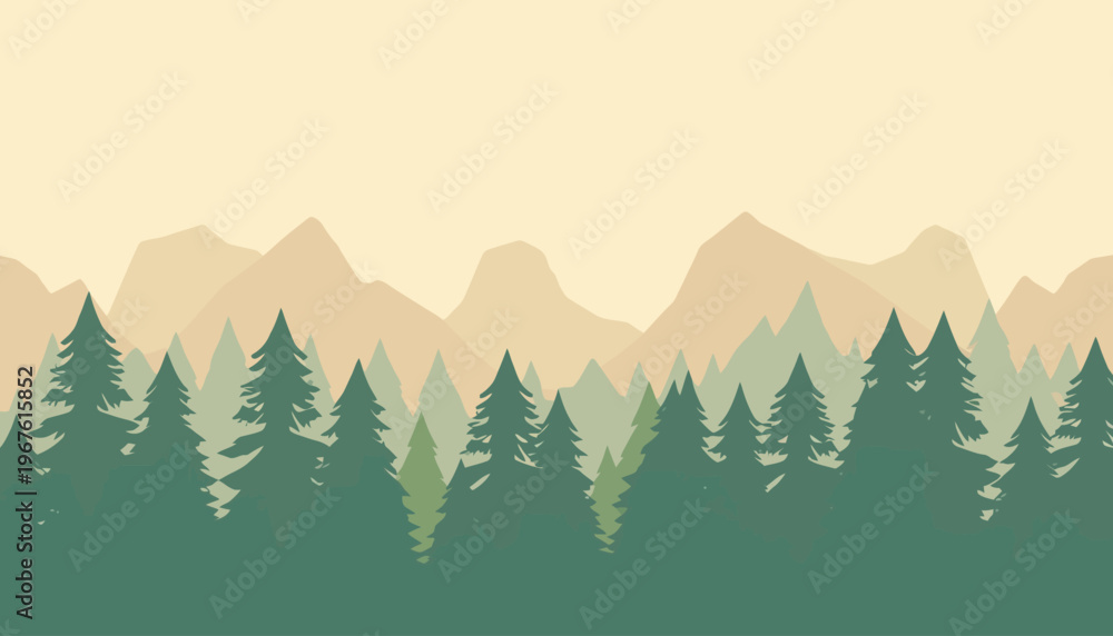 Fototapeta premium A tranquil illustration of a serene forest landscape featuring trees and mountains. The scene is bathed in calming hues, creating a sense of peace and harmony