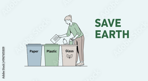 Illustration of a person recycling paper into a labeled bin alongside plastic and glass containers with a 'SAVE EARTH' message on a light background.