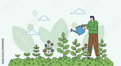 A man in a green shirt waters plants with a blue watering can in a lush garden with a simple, illustrative style and a calming atmosphere.